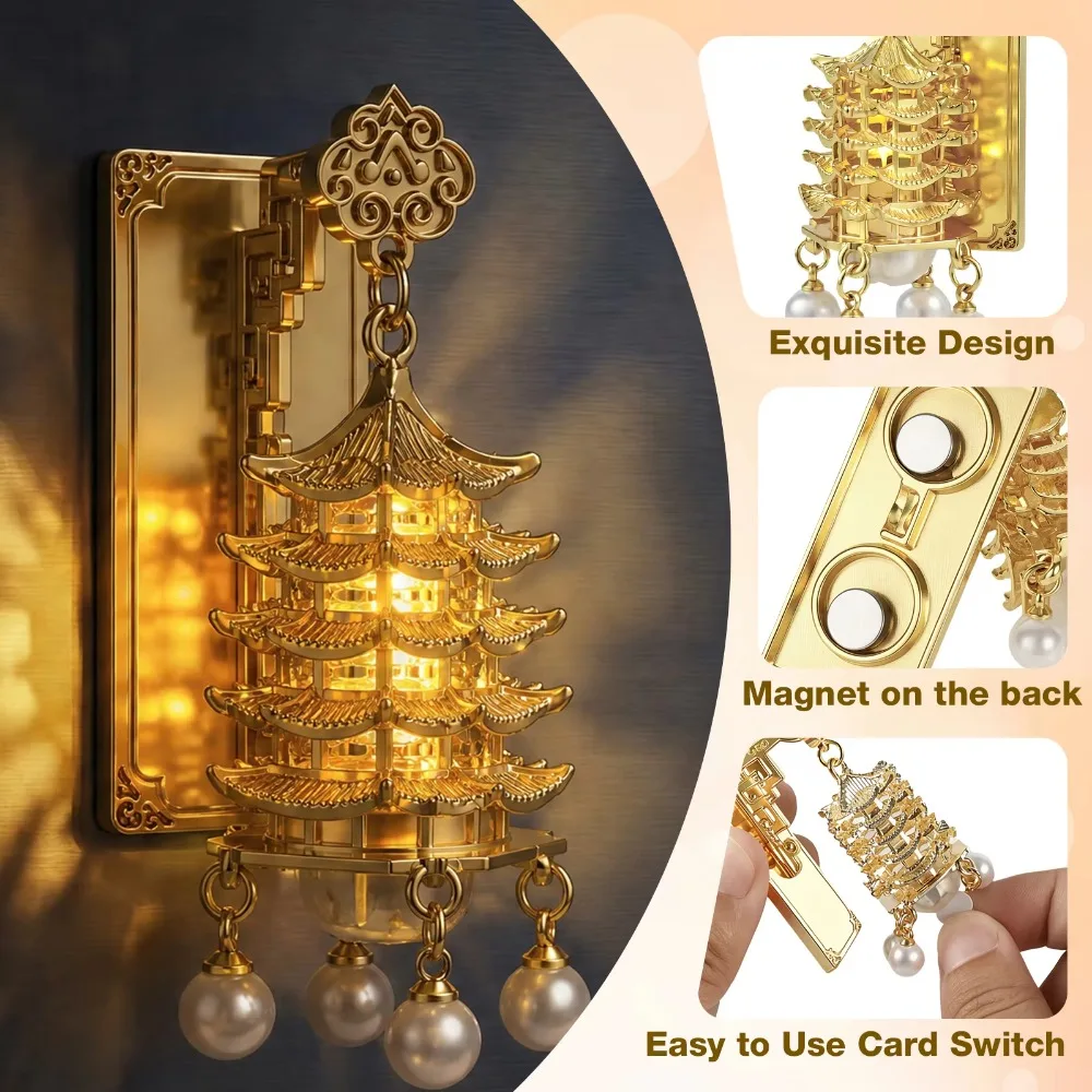 3D Glowing Lantern Fridge Magnet Retro LED Light Chinese Architecture Fridge Magnet Metal Openwork Design