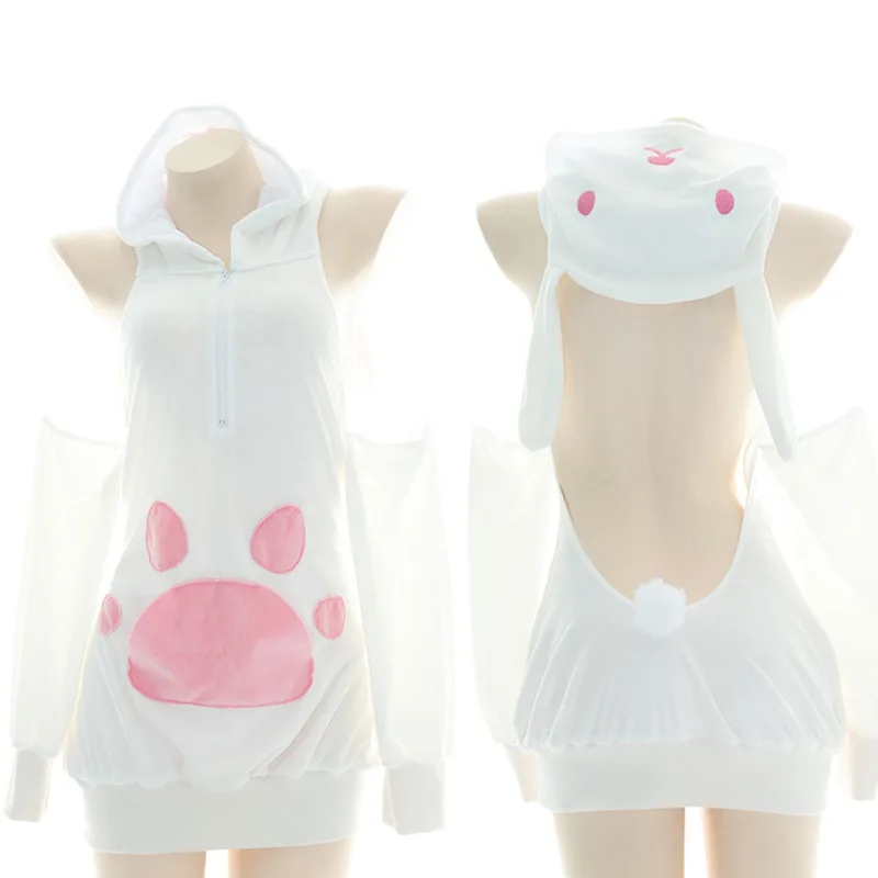 

Women Cute Girl Cat Cow Plush Hoodie Japanese Sexy Lop-eared Rabbit Zipper Lingerie Set Roleplay Backless Hooded Homewear