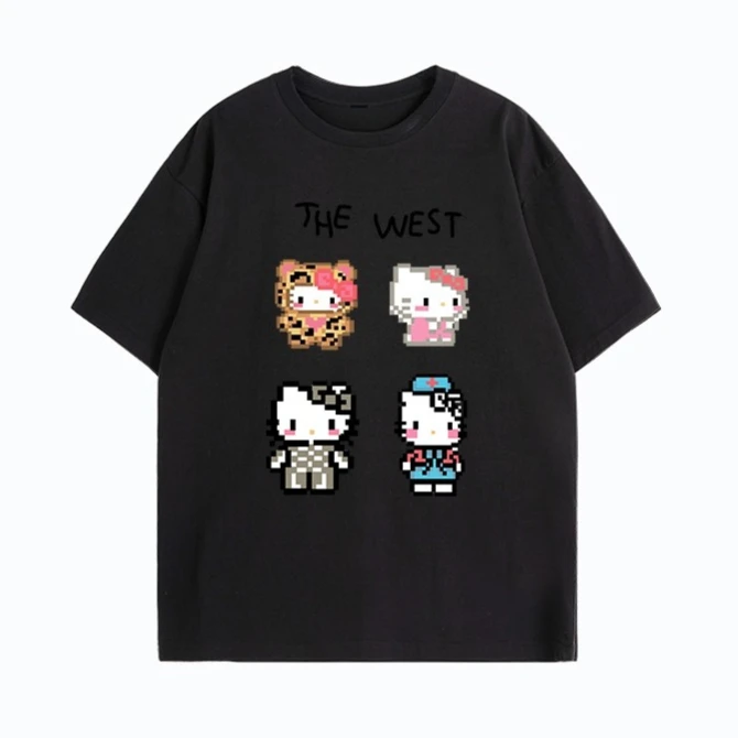 

Американский пиксель Hello Kitty, милый мультяшный принт, 2025, женский периферийный топ с героями мультфильмов, свободная повседневная футболка больших размеров с короткими рукавами