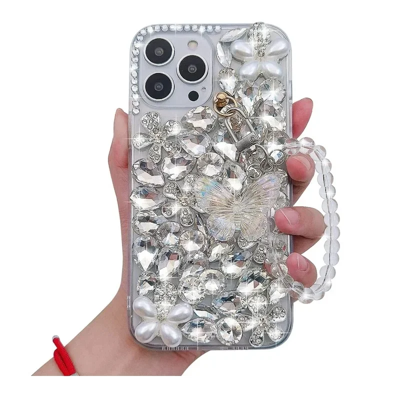 

Luxury 3D Butterfly Chain and Full Clear Bling Case for iPhone 16 Plus, 15, 14, 13, 12, 11 Pro Max, XS Max, Diamond Capa,Cover