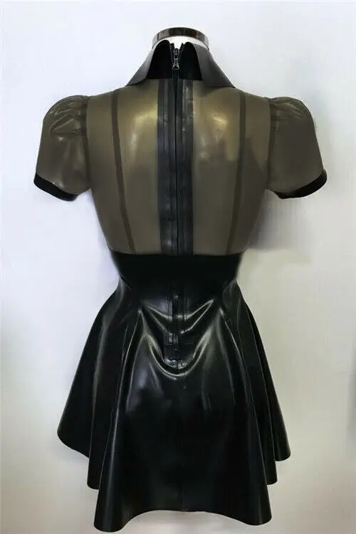 100% Latex Gummi Pure Rubber Dress Cosplay  Short Sleeve Gray Long Skirt Rear Zipper 0.4mm