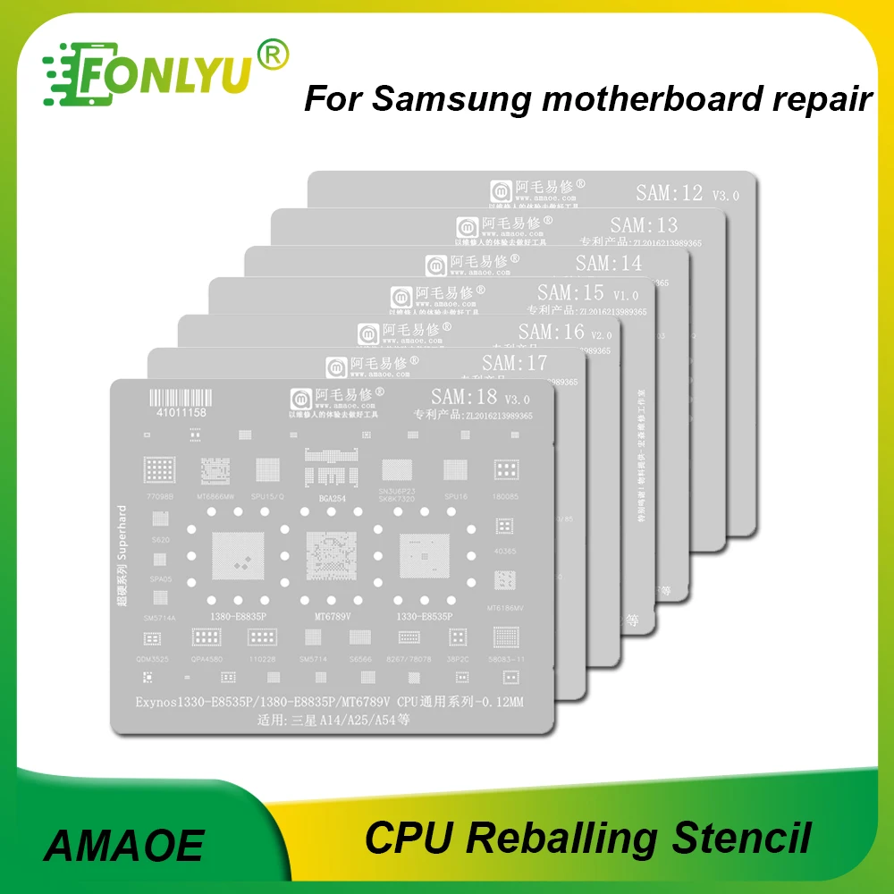 AMAOE Szablon do reballingu dla Samsung A14 A54 S21 S22 A33 A53 CPU RAM Exynos1330 1380 SPU16 Tin Planting Narzędzia do naprawy płyt głównych