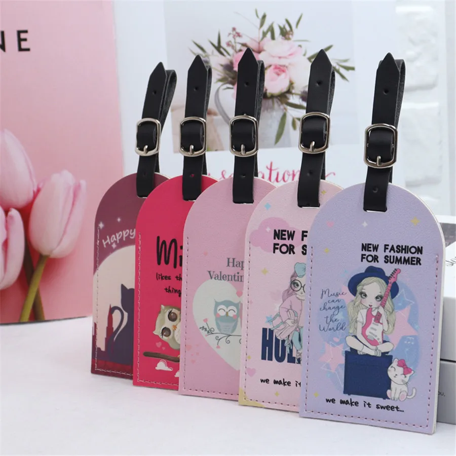 Lovely PU Leather Printing Luggage Tag Hanging Tag Suitcase Tag With Name ID Cards Anti-lost Cute Travel Accessories For Flight