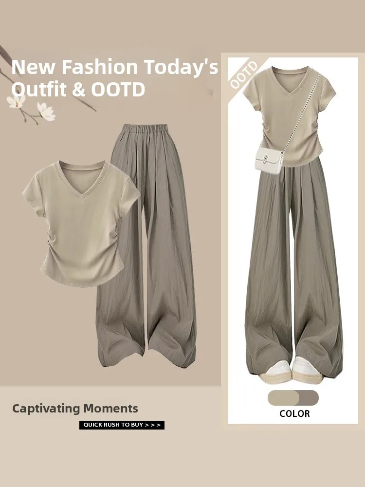 

plus Size Korean V-Neck Waist-Cinched Short Sleeve T-Shirt Summer Fashionable Casual Pants Two-Piece Set Simple Style Short L...