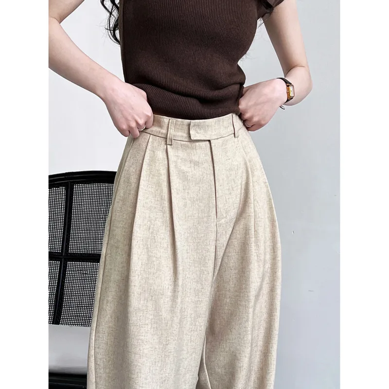 Spring Autumn Women Suit Pants High Waist Loose Cotton And Linen Straight Wide Leg Pants