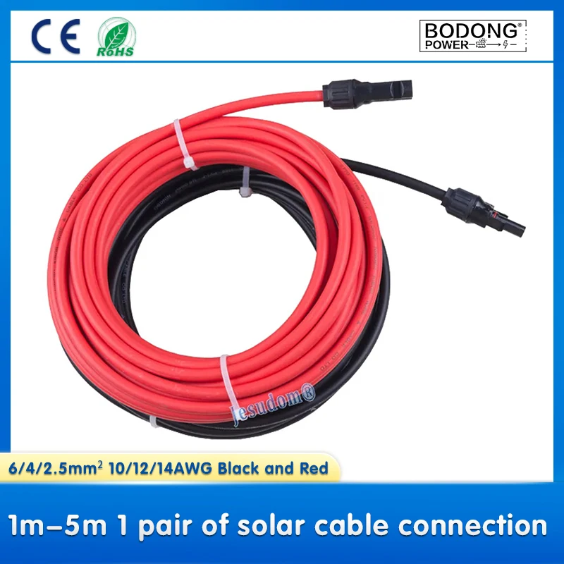 1Meters-5Meters 1Pair Solar Panel Extension Cable Copper Wire 6/4/2.5mm² 10/12/14AWG Black and Red with Connector Solar PV Cable