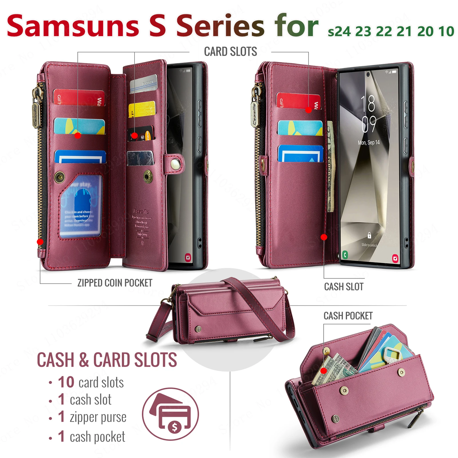 Portafoglio porta carte di credito in pelle CaseMe, Cover Mobile a tracolla, adatto per Samsung Galaxy S24, S23, S22, S21, S20, S10, S24 Ultra