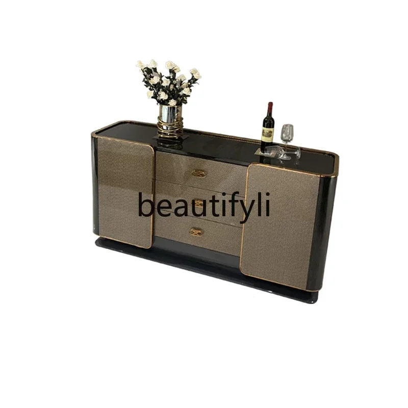 

New arrive Light luxury style dining side wine cabinet, modern solid wood entrance cabinet, gold lacquer mercerized ebony