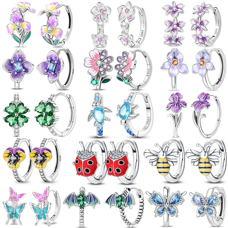 925 Sterling Silver Flower Butterfly Ladybug Dragonfly Women Earrings Brilliant Wedding Engagement Star Earrings Jewelry Gifts