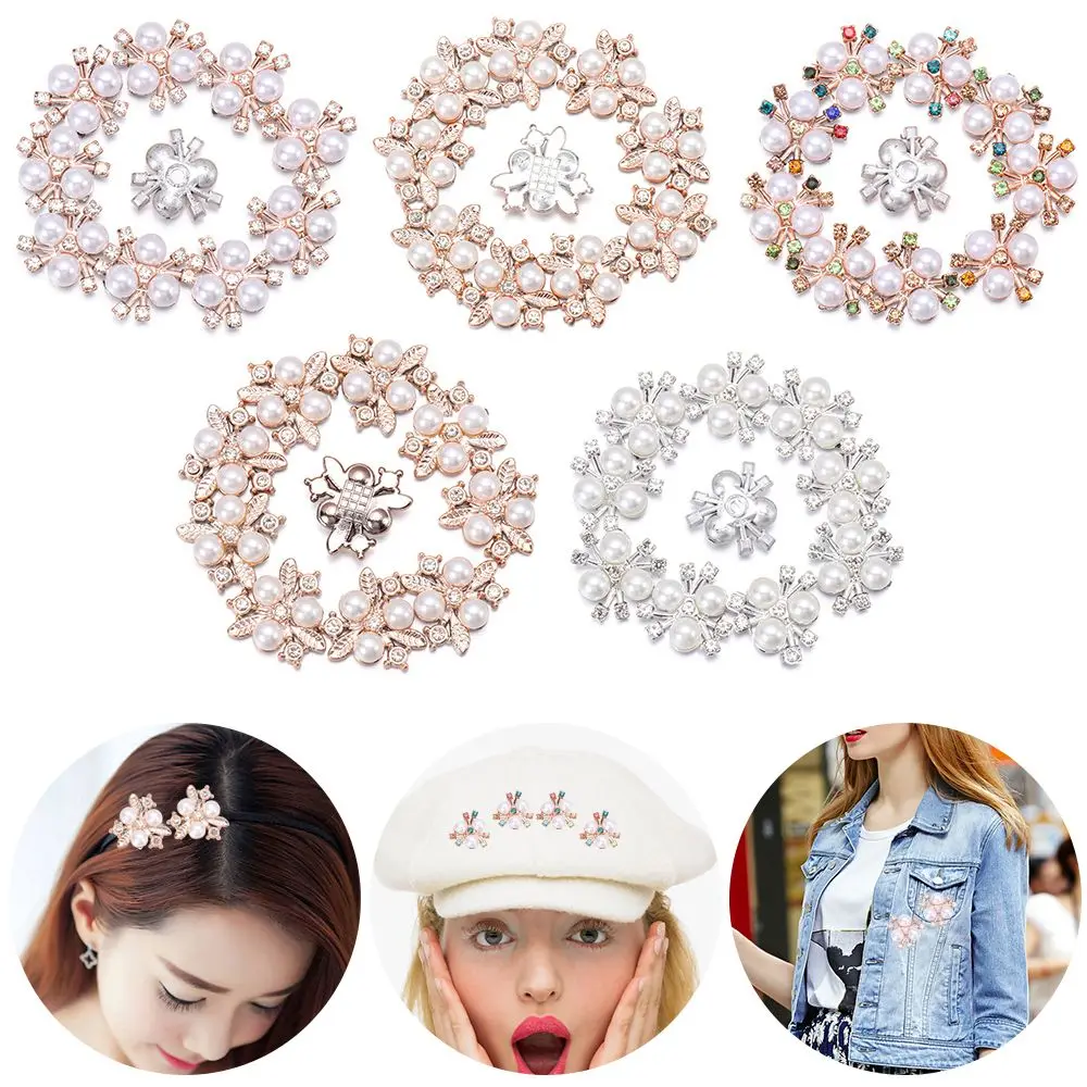 10PCS Pearl Flower Rhinestone Buttons Sparkling Crystal Hairpins Decoration Clothes Sewing Accessories