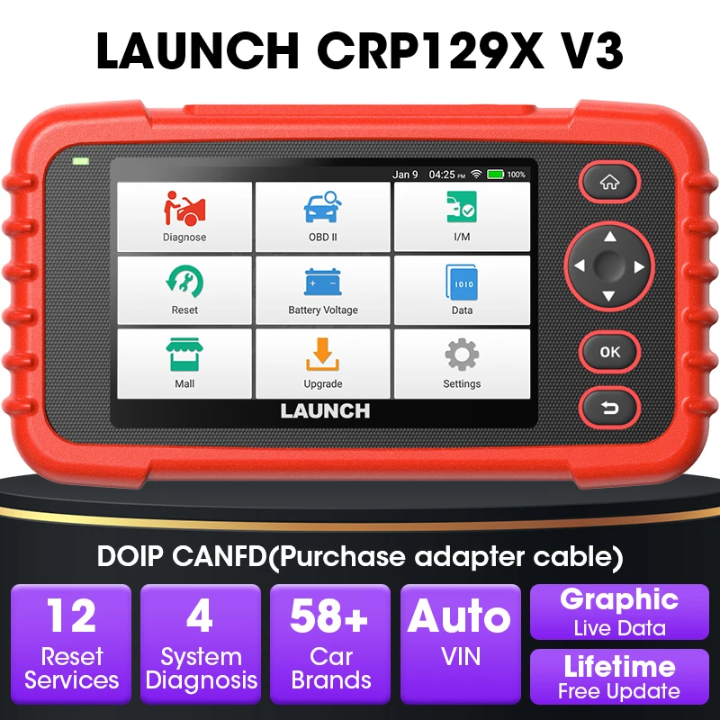 LAUNCH CRP129X V3 64G OBD2 Scanner 4 System Car Diagnostic Tool with 12 Reset Services Oil Light EPB SAS TPMS BMS DPF ABS Bleeding AutoVIN 32G/64G CAN-FD DoIP Lifetime Free Update, 1 Year Warranty, Code Reader for DIY, Workshops 1000+ Vehicles