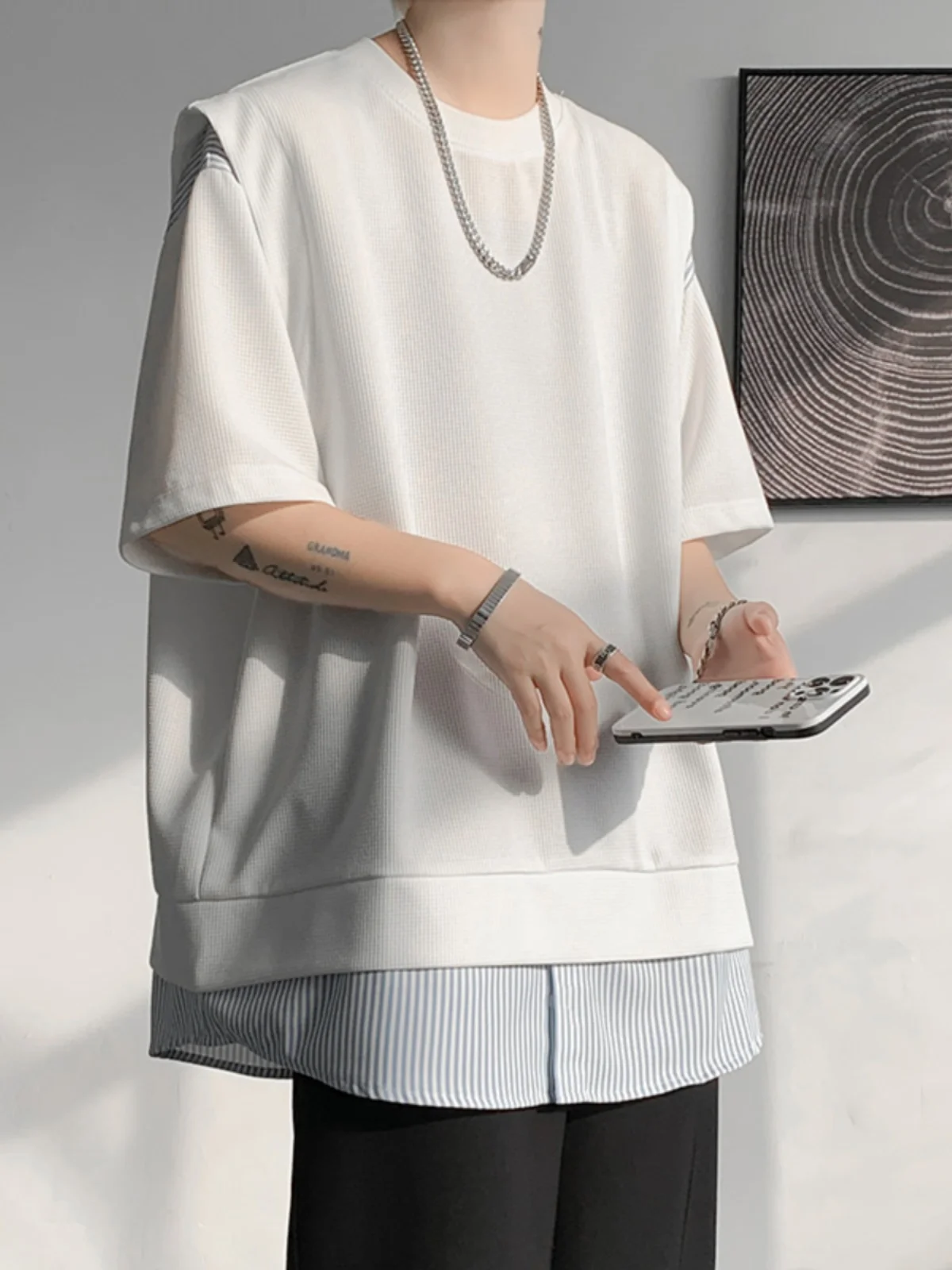 

Casual Sle Men's T-irt Fake Two-Piece ort Sve Five Sve Length Summer Faion Brand High-End Feeling 500g Heavy-du