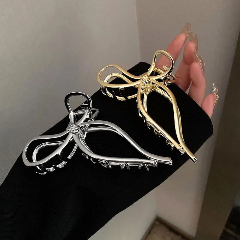 1pc gold/silver Bow Metal Grab Clip New Gold Large Shark Clip Female Temperament Back of the Head Plate Hair Clip Headwear