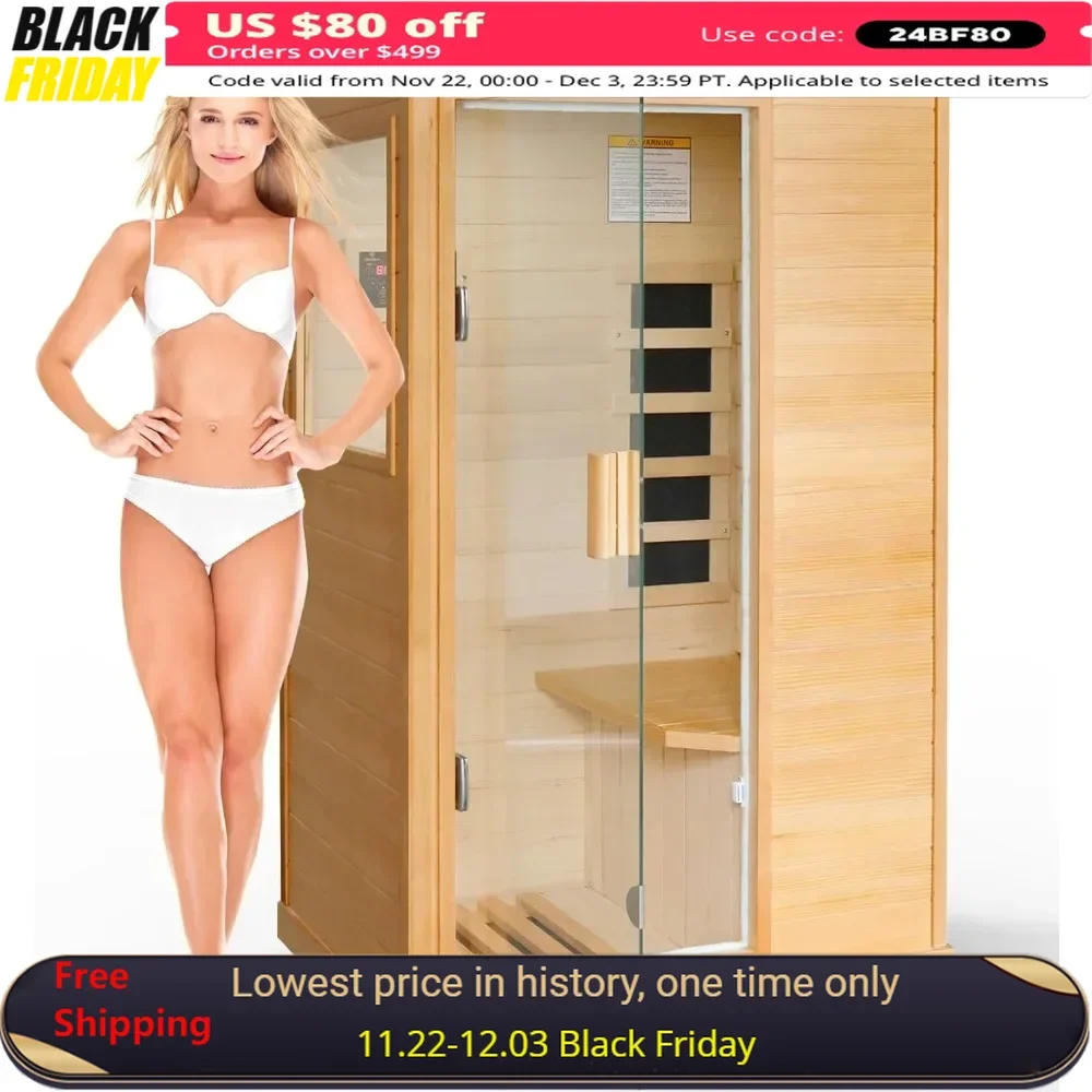 Sauna Home, Canadian Hemlock, 800W/110V Low-Emf Dry Saunas 5 Ultra-Low Energy Saving Heating Panels, Built-In Control Panel