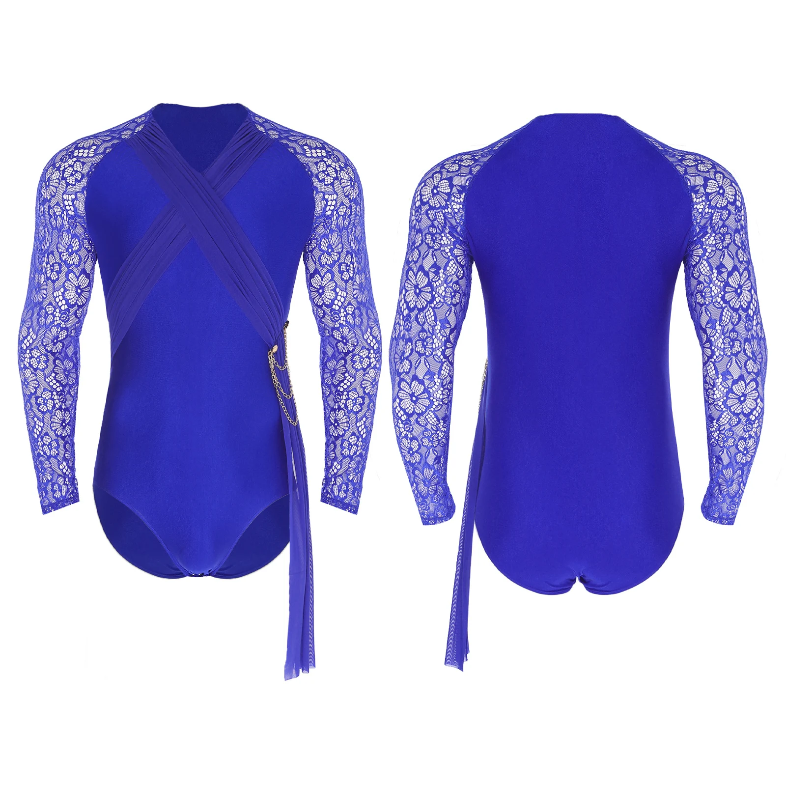 

Men Latin Dance Leotards Shirts Tango Rumba Jazz Ballroom Leotards Gymnastics Bodysuit Floral Lace Long Sleeve Dance Performance