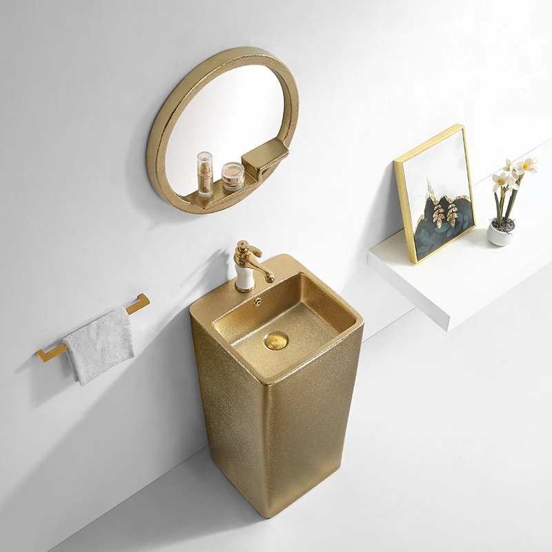 Yeson Luxury Modern Corner Sink One-Piece Pedestal Bathroom Floor-Mounted Ceramic Basin Drainer Golden Pedestal One-Piece Design