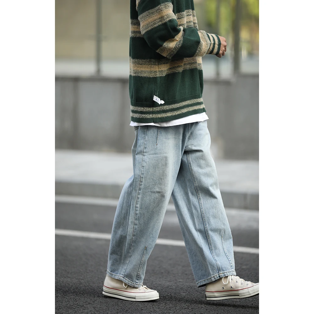 

Retro Waed Light Blue Loose Fit 9-Tube Jeans Casual Versatile Loose Straight Leg Jeans for Young Men Autumn Season