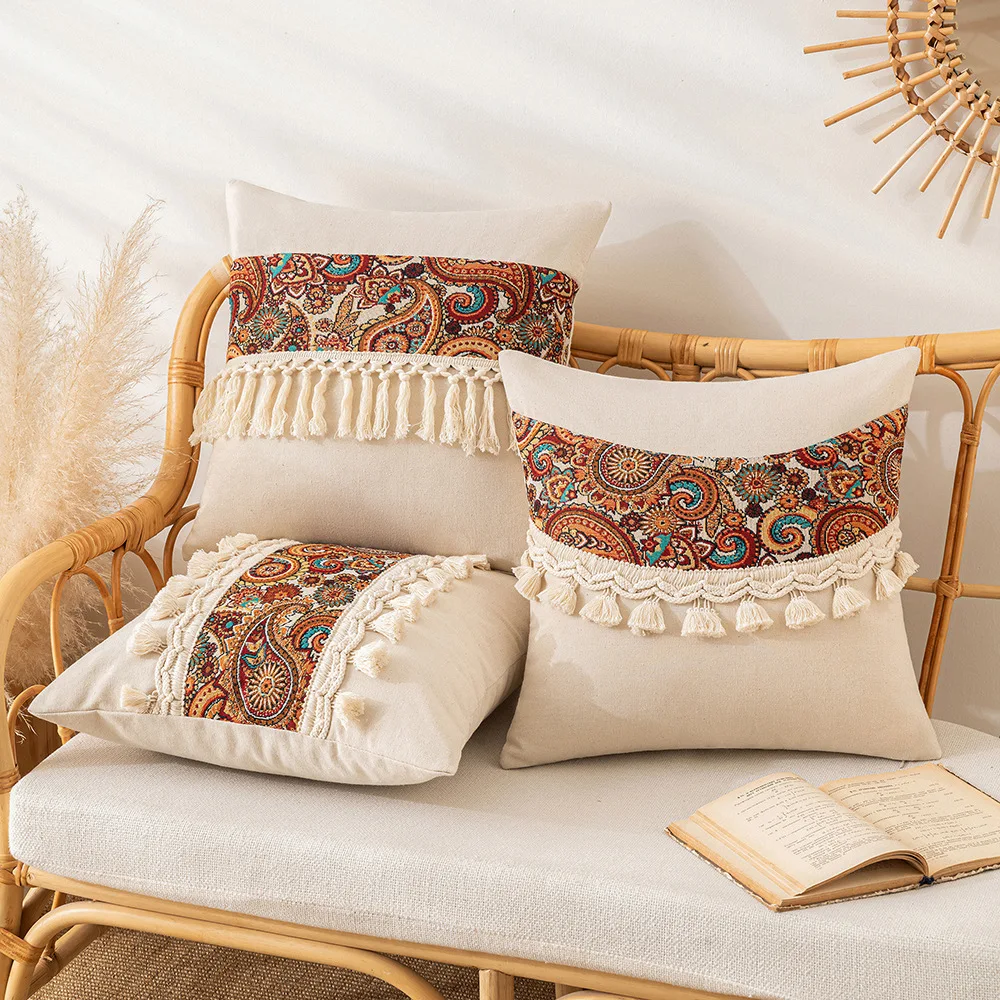 45X45CM Retro Tassel Throw Pillow Cover Splicing Bohemia Stamping Waist Cushion Cover Decor Home Decorative Pillowcase