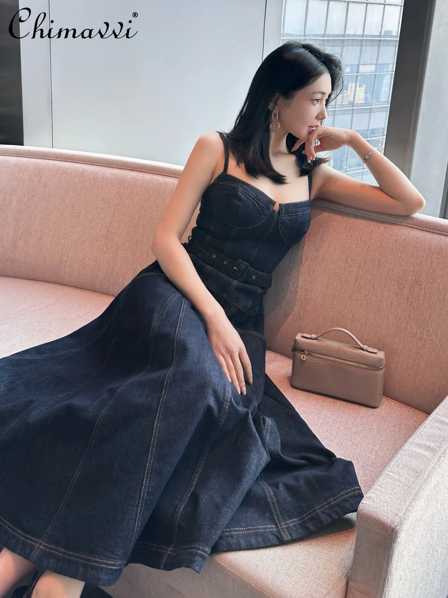 

Spring Summer New Fashion Women's Deep Blue Denim Waist-Cinching Slim Dress Elegant Beach Vacation Sexy Strap Long Dress