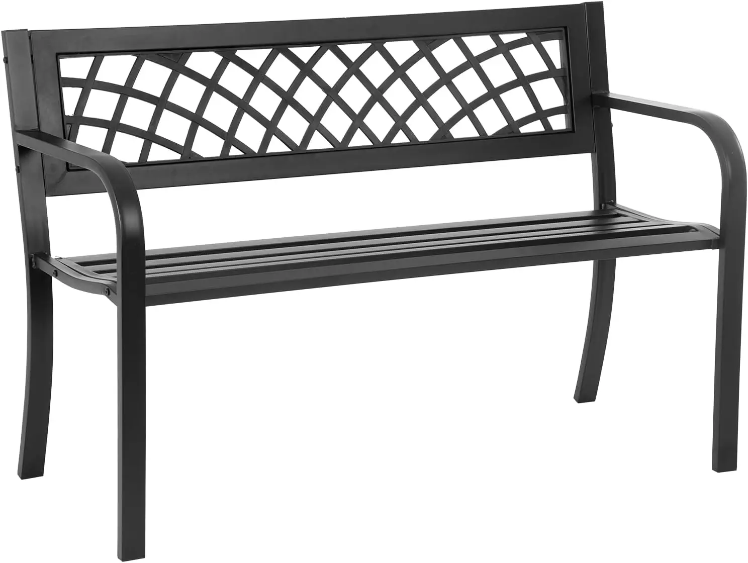 

Garden Bench. Outdoor Metal Bench. Plastic Backrest & Armrests. Sturdy Steel Frame. For Yard, Porch, Entryway. Black.