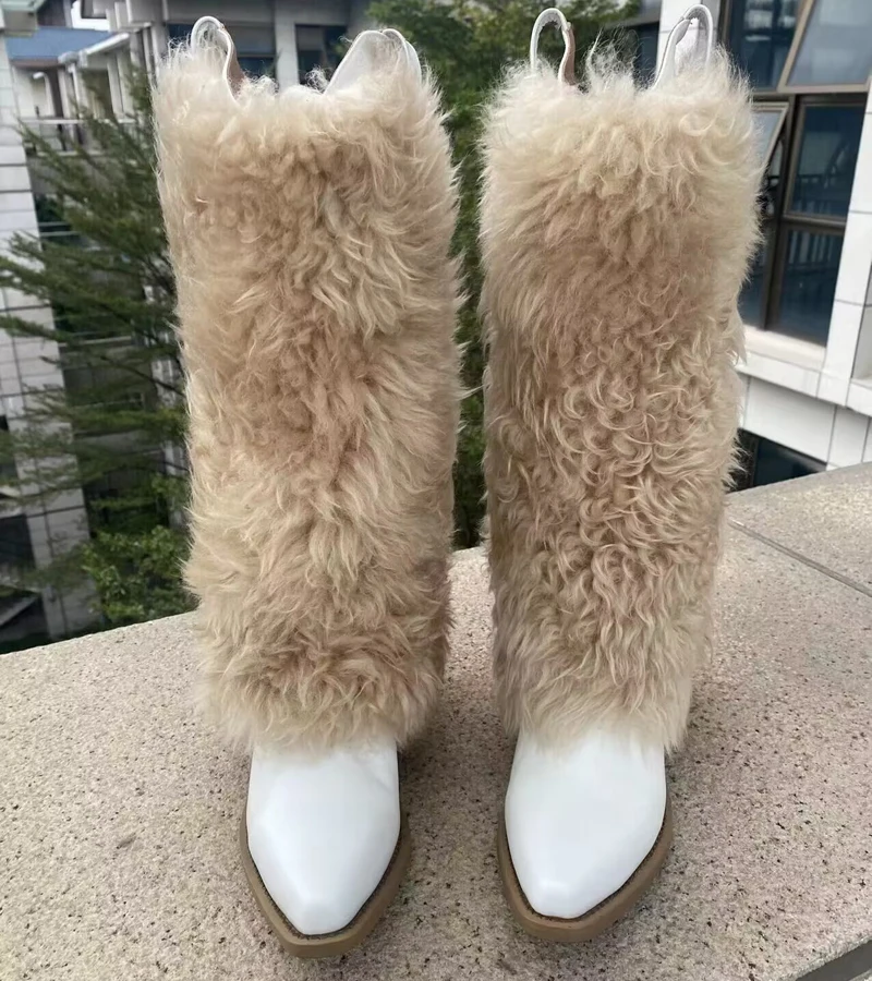 Fashion  High top Wool Fur Knee Boots Chunky heels pointed toe Slip On Warm Winter Fur Patchwork Boots Woman