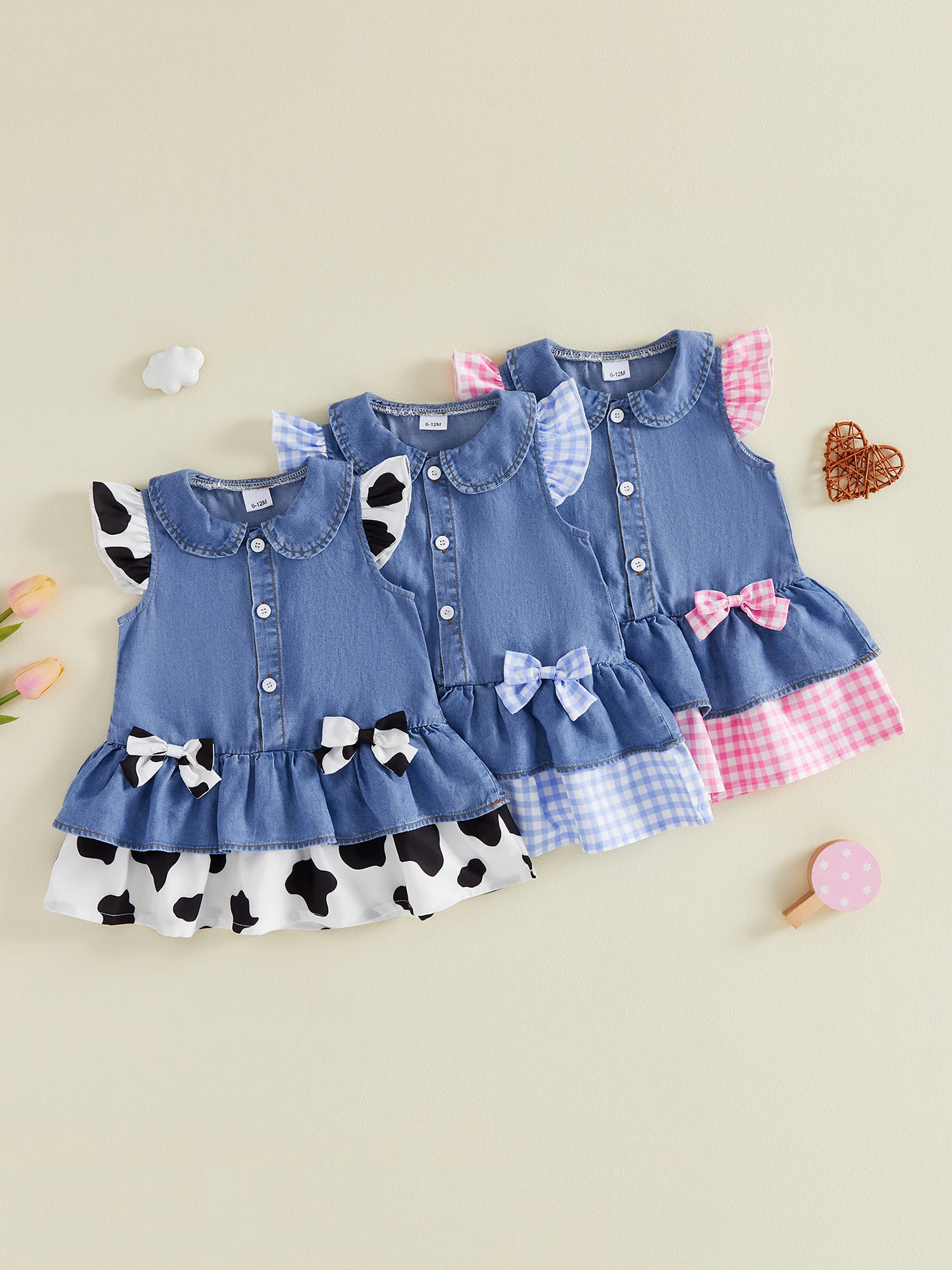 Toddler Girls Denim Cow Pattern Cow Pattern Patchwork Plaid Cow Buttons Bowknot Sleeve-Casual Bowknot Decor Doll Cow