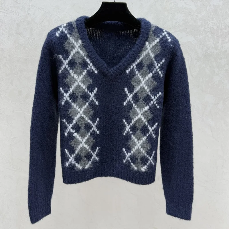 

High quality Plaid-printed women's cardigan sweater with classic retro style knitwear autumn/winter clothing 25120630