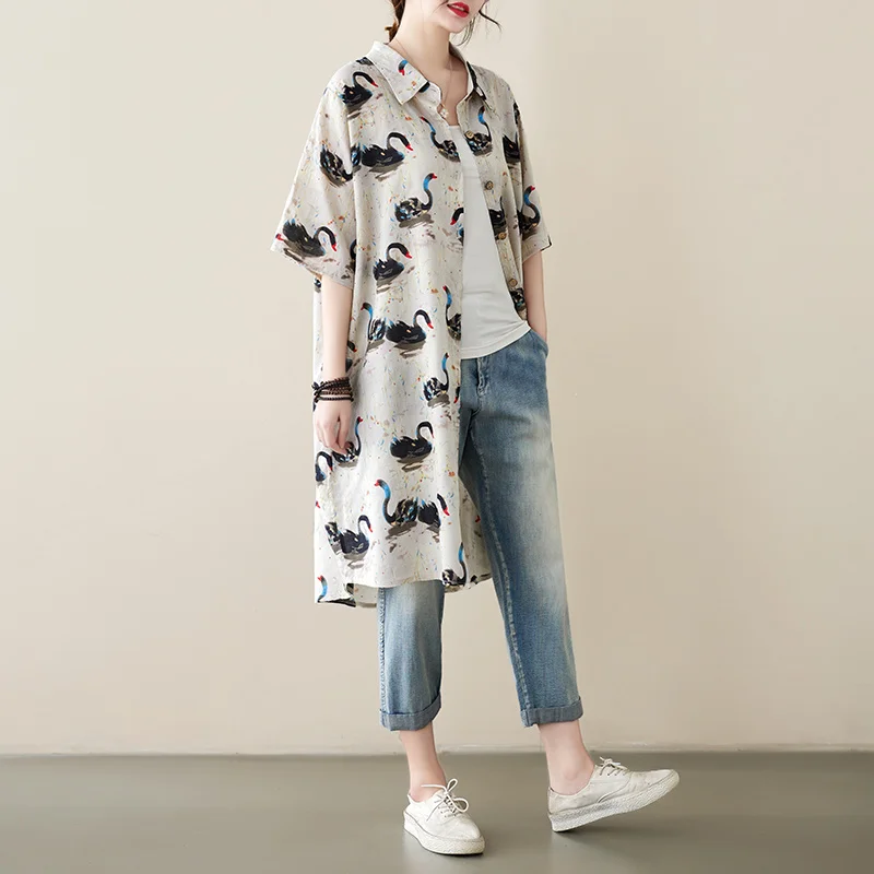 #3371 Summer Cotton Linen Shirt Dress Short Sleeve Asymmetrical Shirt Dress Loose Vintage Animal Printed Vestidos Front Buttons