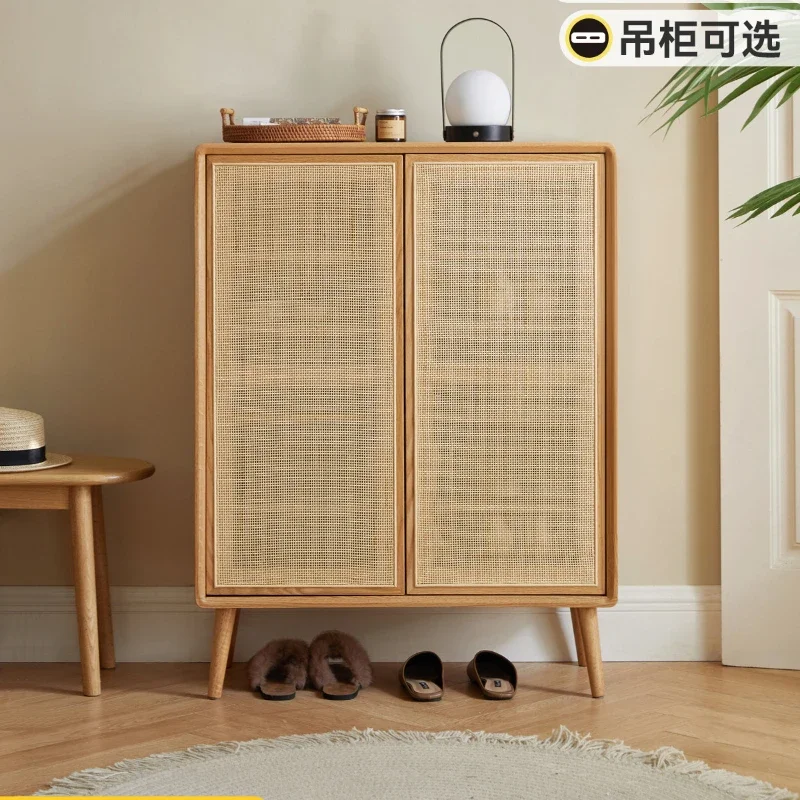 Japanese-Style Solid Wood Double-Door Rattan Shoe Cabinet Imported Oak Simple Modern Bedroom Storage Hall Entrance Cabinet