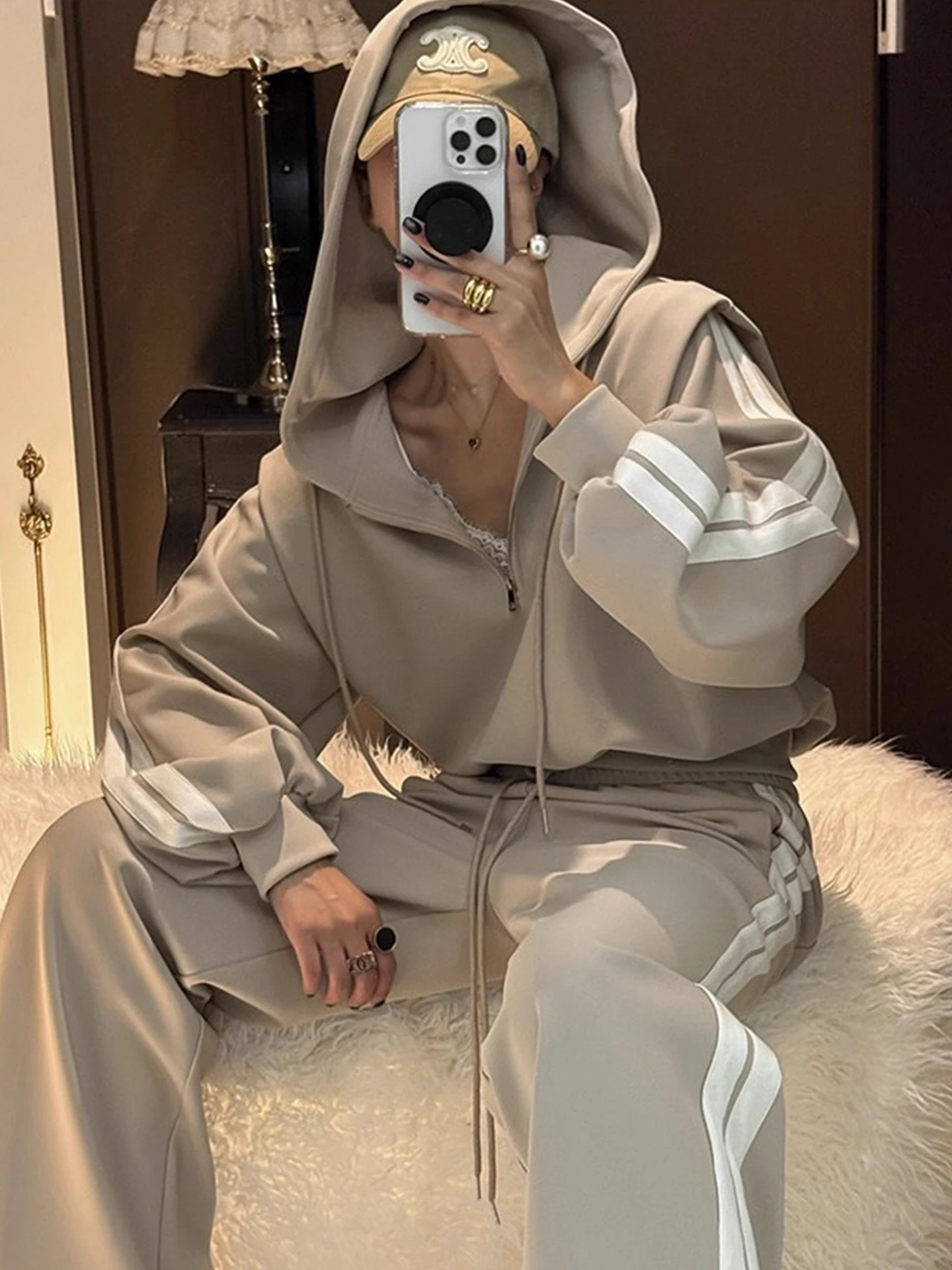 

Шикарная осенняя винтажная полосатая длинная толстовка с капюшоном Све, женские универсальные повседневные брюки с высокой талией, комплект Faion для поездок на работу Sle