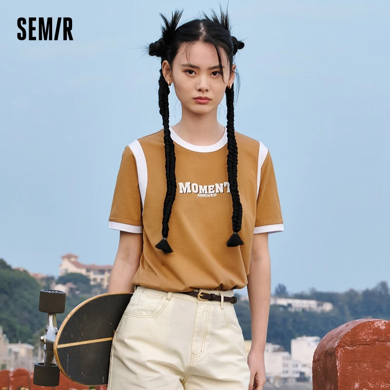 Semir Short-Sleeved T-Shirt Female Letters Simple Tide Cool Summer 2023 New Retro Style Colour Collision Round Neck Clothes Hund