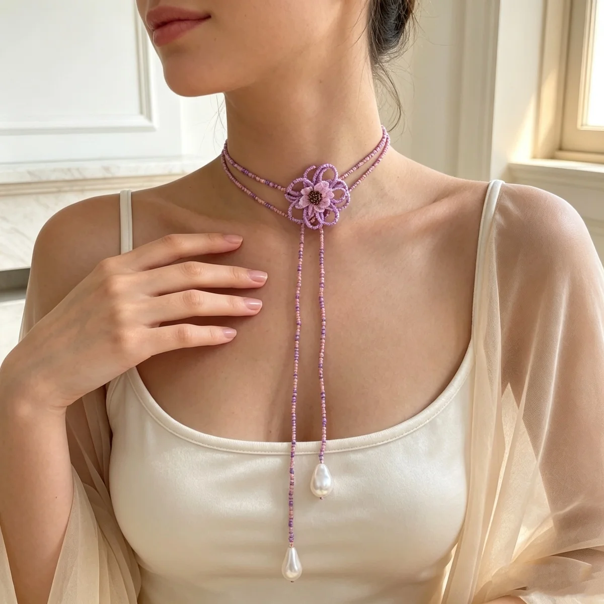 Böhmische handgefertigte Halskette mit gewebten Reisperlen und Blumenmuster für Damen, barocke Kunstperlen-Quastenkette, lange Pulloverkette, Schmuckstück – Detail 9