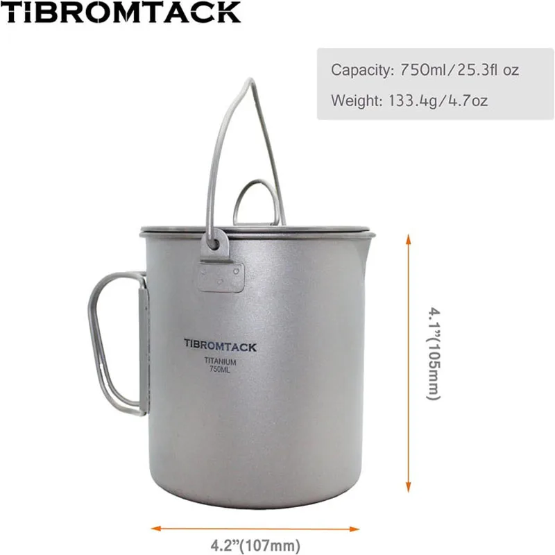 Titanium Camping Mug with Lid and Foldable Handle, Ultralight Portable Pot for Travel, Hiking, Picnic with Mesh Bag, 750ml