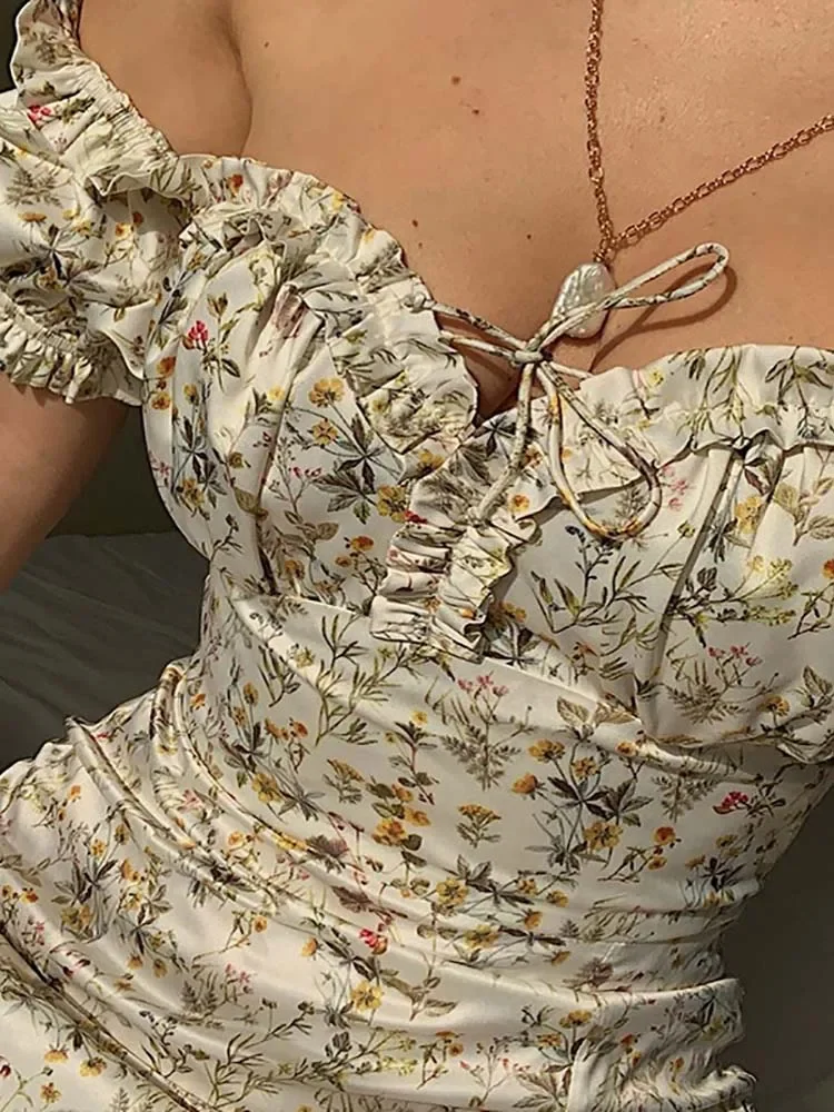 2024 Holiday Slash Neck Floral Print Split Beach Dress Women Summer Elegant Ruffles Party Long Dress Vestidos S~3XL