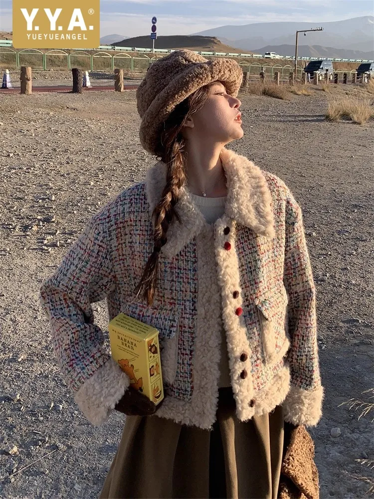 

Winter Colorful Striped Women Parkas Turndown Collar Sweet Short Jacket Contrast Color Design Thick Coat Single Breasted Coats