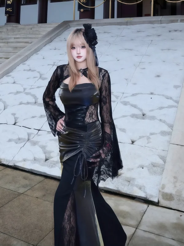 Gótico sle renda fi cauda saia vermelho loween traje dr feminino poliéster fibra elástica macio longo sve dr