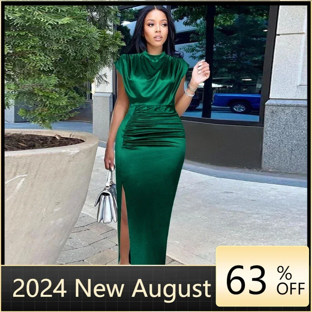 

Women Shiny Long Dress Pleated Long Green Elegant Slit High Collar Slim Fit Sleeveless Maxi Robes Female Gowns Party 2024 Spring