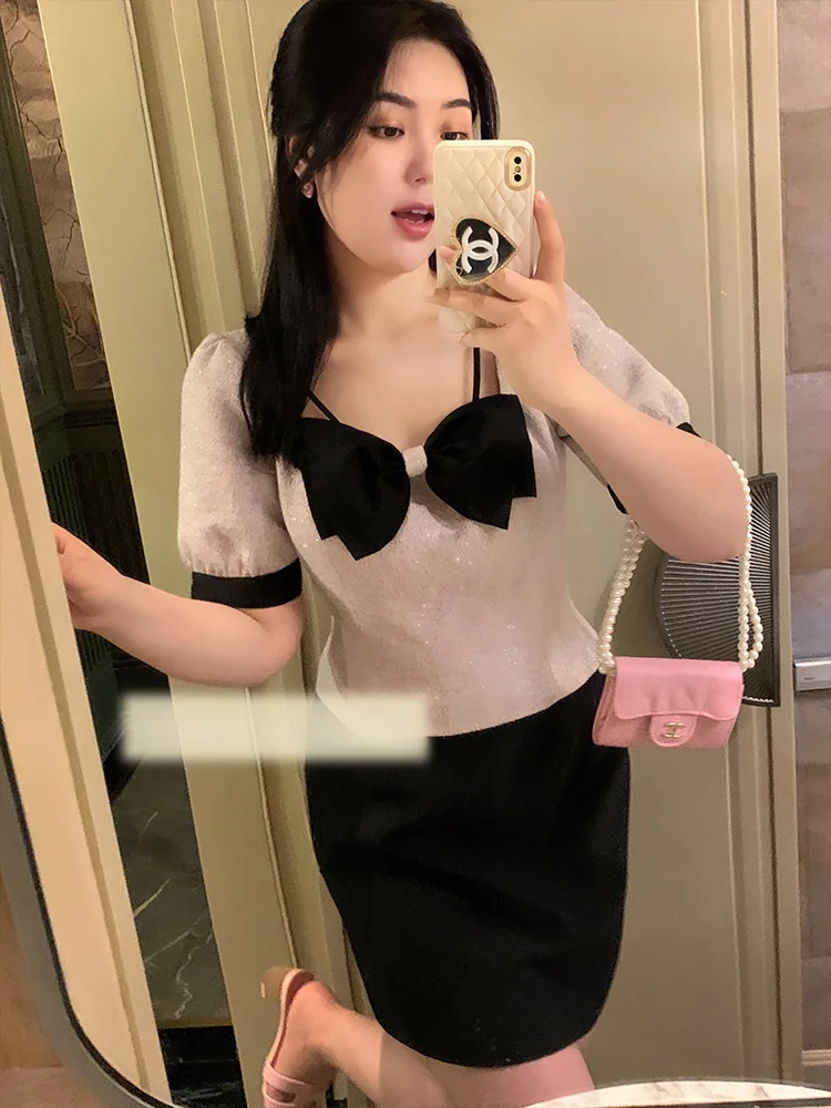 

plus Size Women's Slim Fit Vintage Small Fragrance Style Top Anti-Aging Y7240 Commute Style High Waist A-Line Skirt Short Sleeve