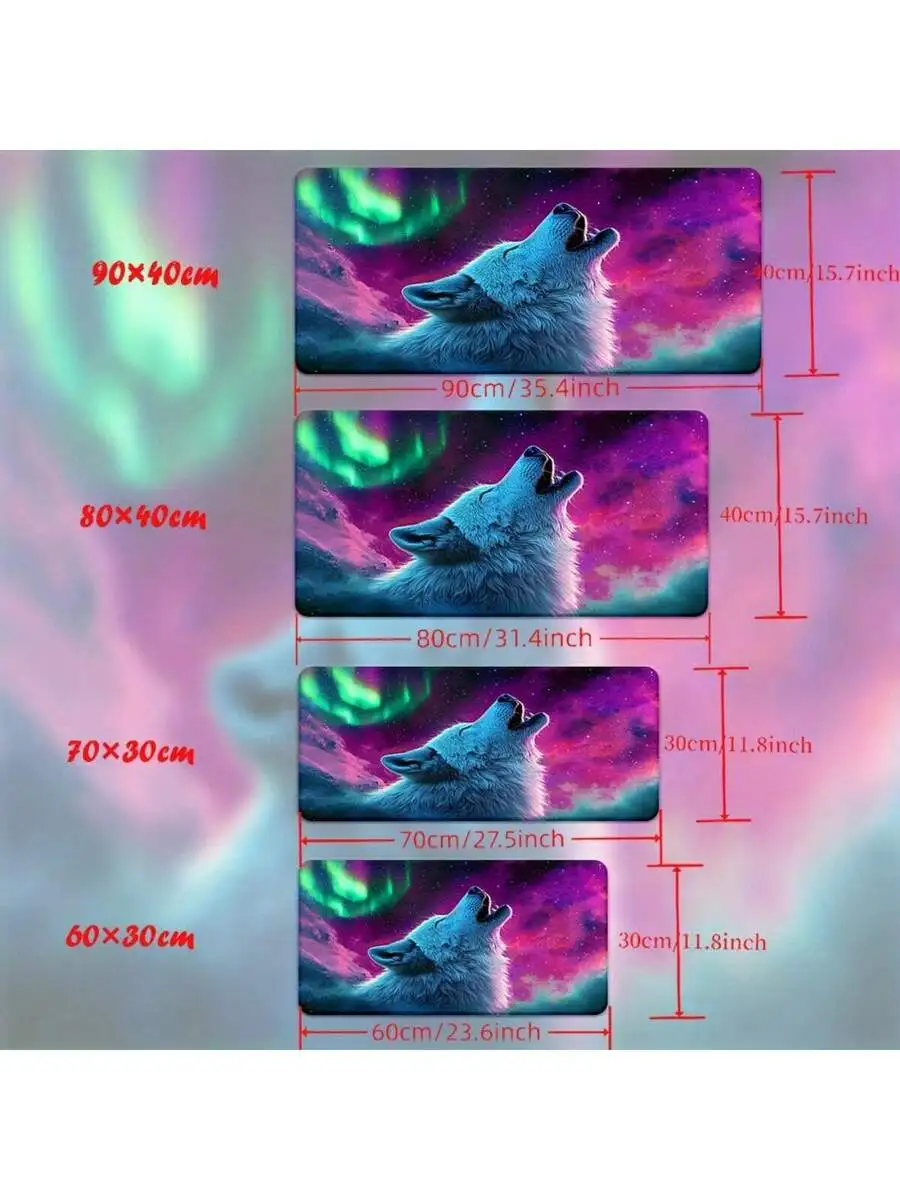 Extra Large Wolf Aurora Borealis Gaming Desk Mat With Anti-Slip Rubber Base And Locked Edges