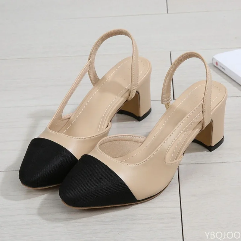 

2026 Spring/Summer New Small Fragrant Style Color Blocked Empty Headrest Sandals for Women Thick Heel Sandals Flat Bottom