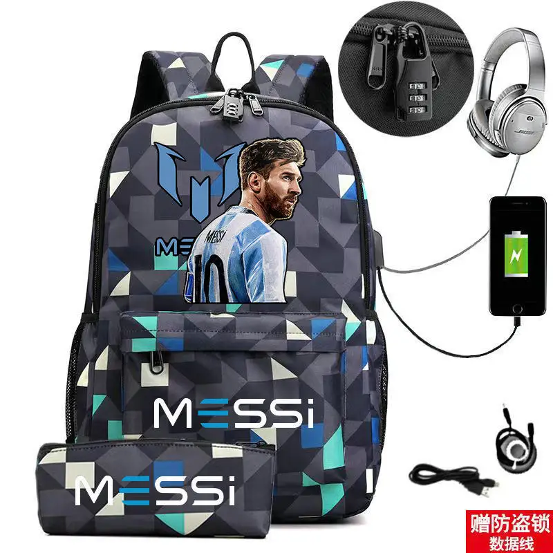 Mochila de Messi para hombre y mujer, morral escolar de dibujos animados para ordenador portátil, 2 piezas