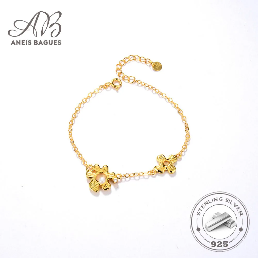 

Aneis Bagues Vintage Small Golden Flower 925 Sterling Silver 18K Gold Plated High-quality Chain Bracelet For Women Jewelry Fine