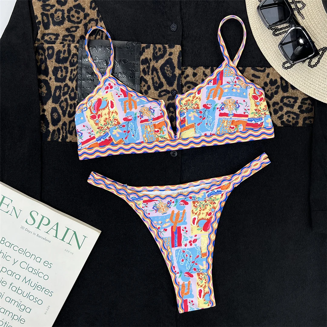 Sexy bedruckter V-förmiger Bikini mit hohem Beinausschnitt, Damen-Badeanzug, zweiteiliges Bikini-Set, Badebekleidung, Badeanzug, Schwimmbikini V4745 – Detail 10