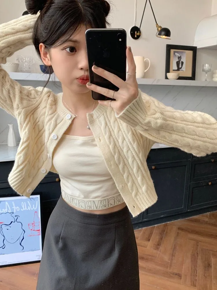 Women Solid All Match Y2k Aesthetic Cardigans Japanese Sweet Fashion Chic Knitted Coats Autumn Streetwear Trendy Casual Crop Top