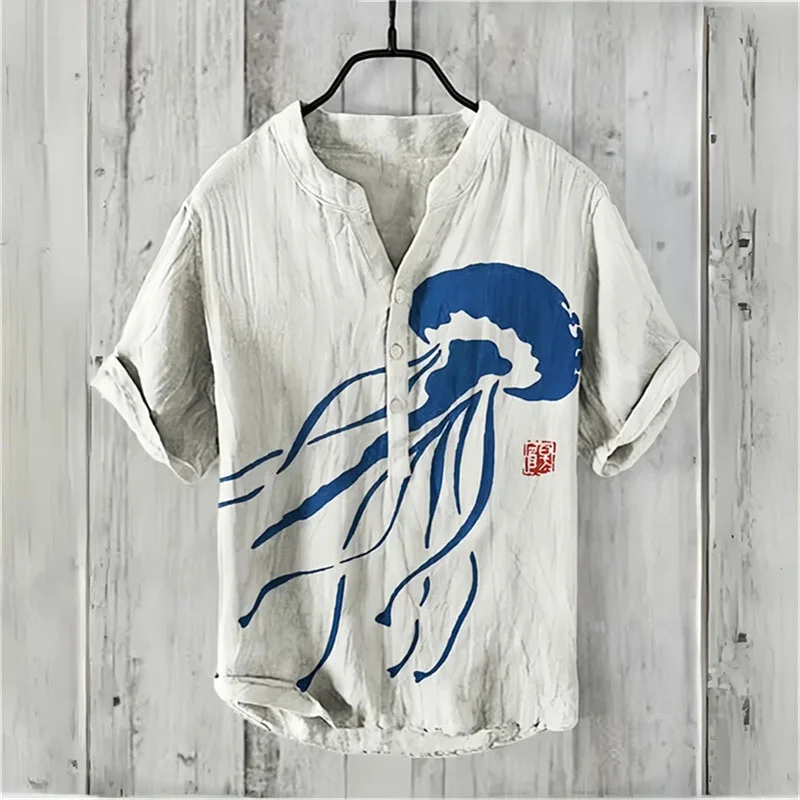 New Summer Men's Short Sleeve Polo Shirt Linen Print Shirt Trendy Elements Original Plus Size Clothing