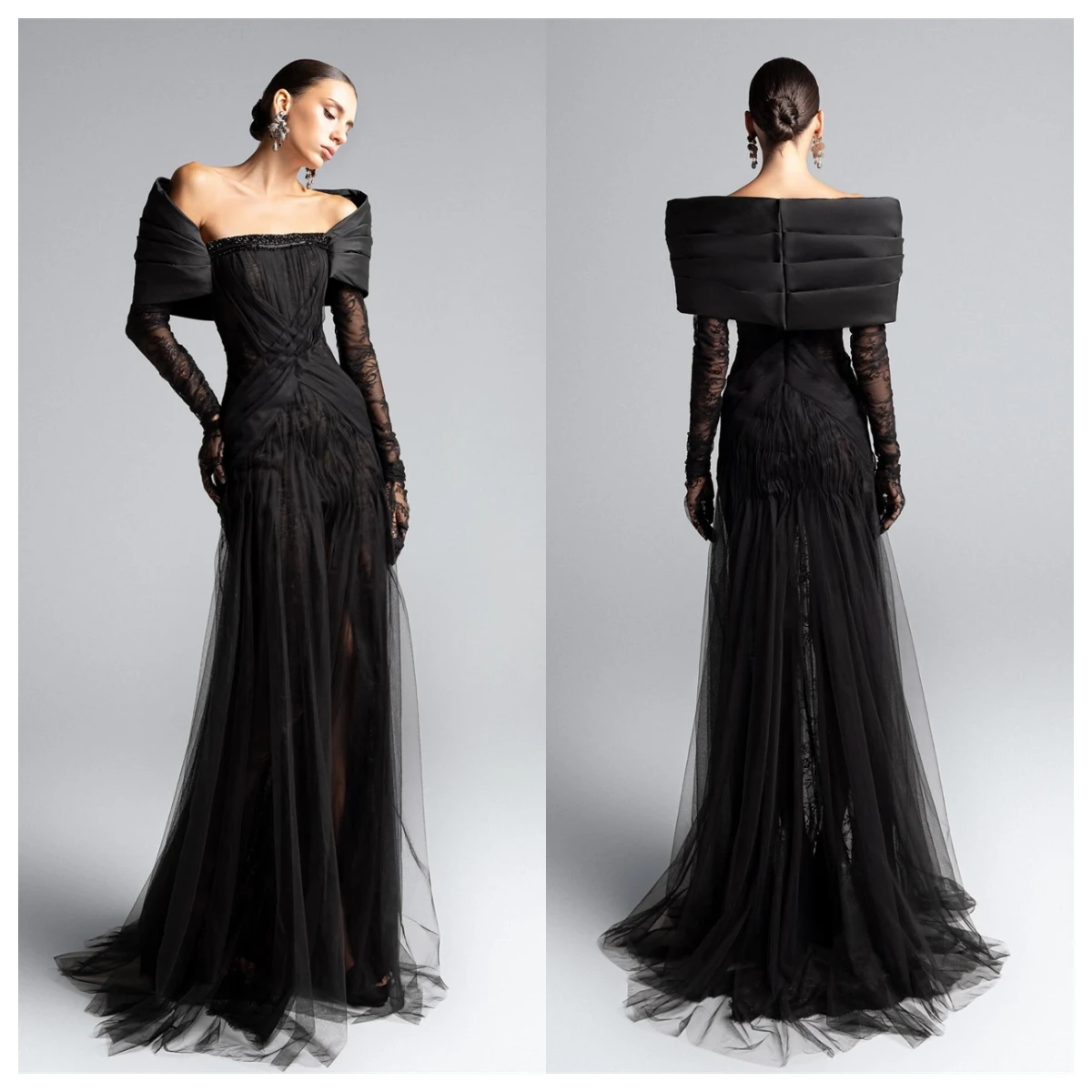 فستان سهرة حديث من التول الأسود مخصص قبالة الكتف وأكمام طويلة فستان العودة للوطن رائع مناسبة خاصة