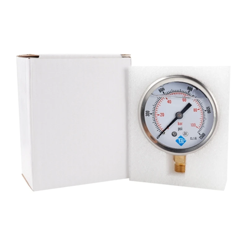 Glycerine Filled Vacuum Pressure Gauge 1/4\'\' BSP Bottom Connection 100 Bar 0-1500 PSI Water Air Oil Gas Gauge Dual Scale
