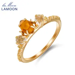 LAMOON Natrual Orange Garnet Gemstone Ring For Women Retro Elegant Crystal Ring 925 Sterling Silver Gold Plated Fine Jewelry