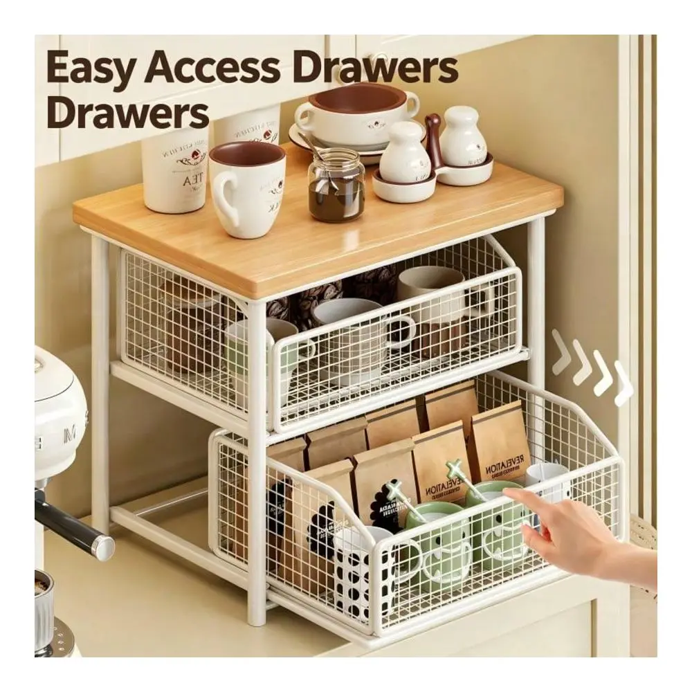 Solid Hardwood & Metal Double Layer Drawer-Type Countertop Organizer, Multi-Functional Vertical Storage Shelf For Coffee Bar Layout, Practical Household Storage Box To Store Coffee Mugs, Seasoning Spices, Tableware