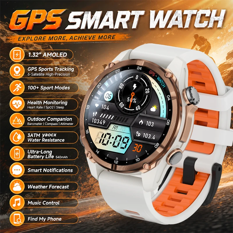 

Outdoors GPS Route Tracking Smart Watch 1.32" 100+ Sports 3ATM Waterproof Barometer Compass Health Monitoring 540mAh Smartwatch